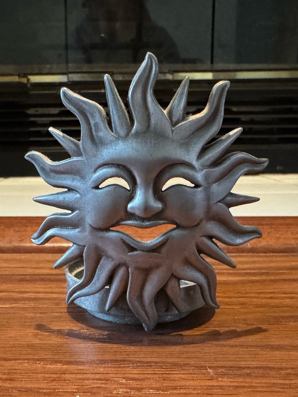 Vintage 90s Celestial Sun Face Cast Metal Votive Candle Holder 3.5 inches tall